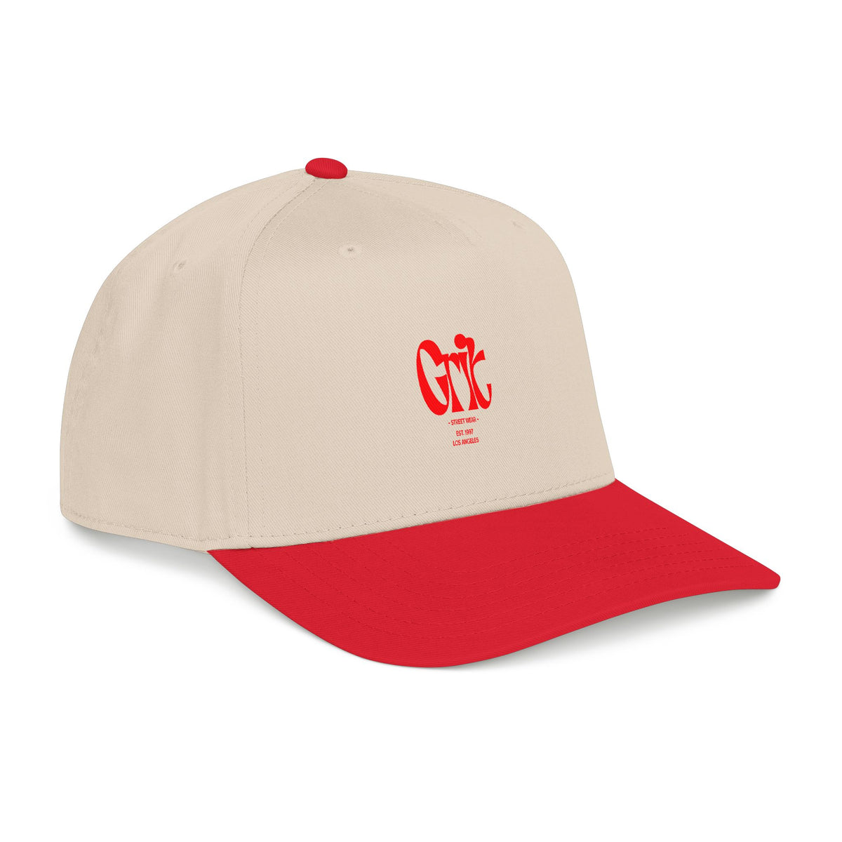 Grit - Mid Profile Baseball Cap — Red 'Crt' Script Embroidered Logo