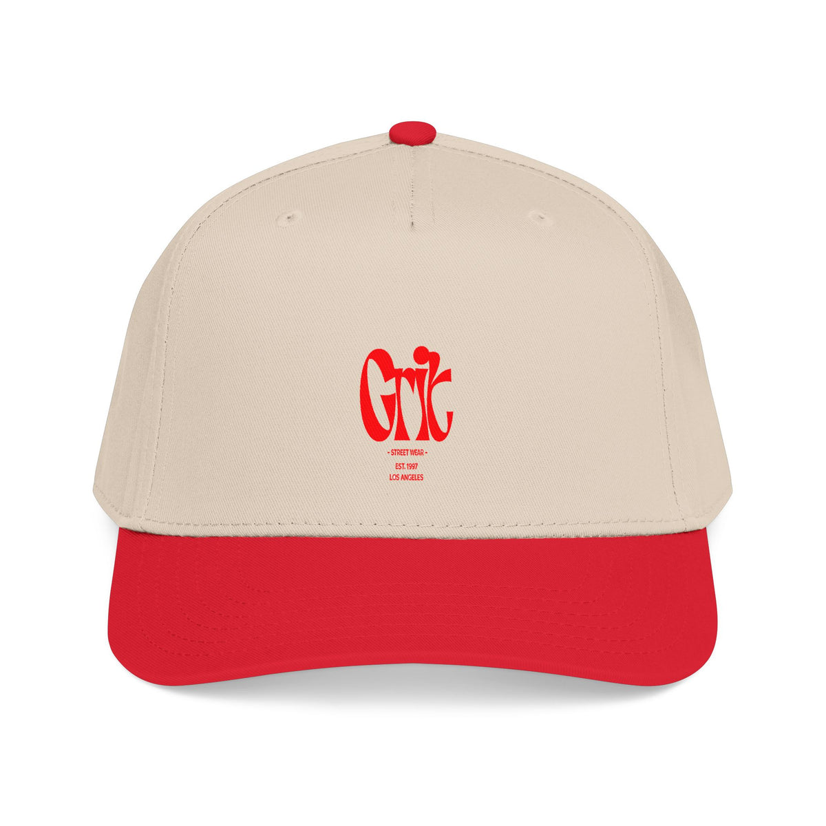 Grit - Mid Profile Baseball Cap — Red 'Crt' Script Embroidered Logo