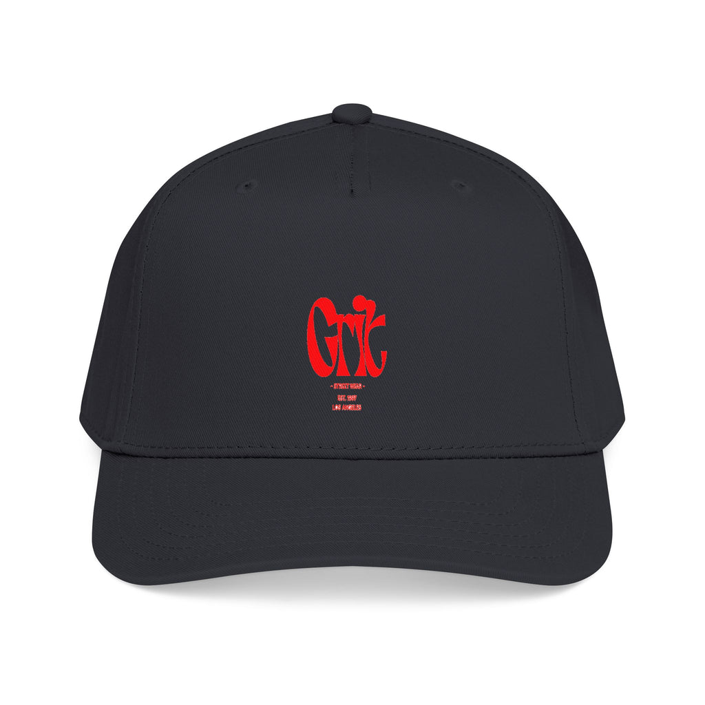 Grit - Mid Profile Baseball Cap — Red 'Crt' Script Embroidered Logo