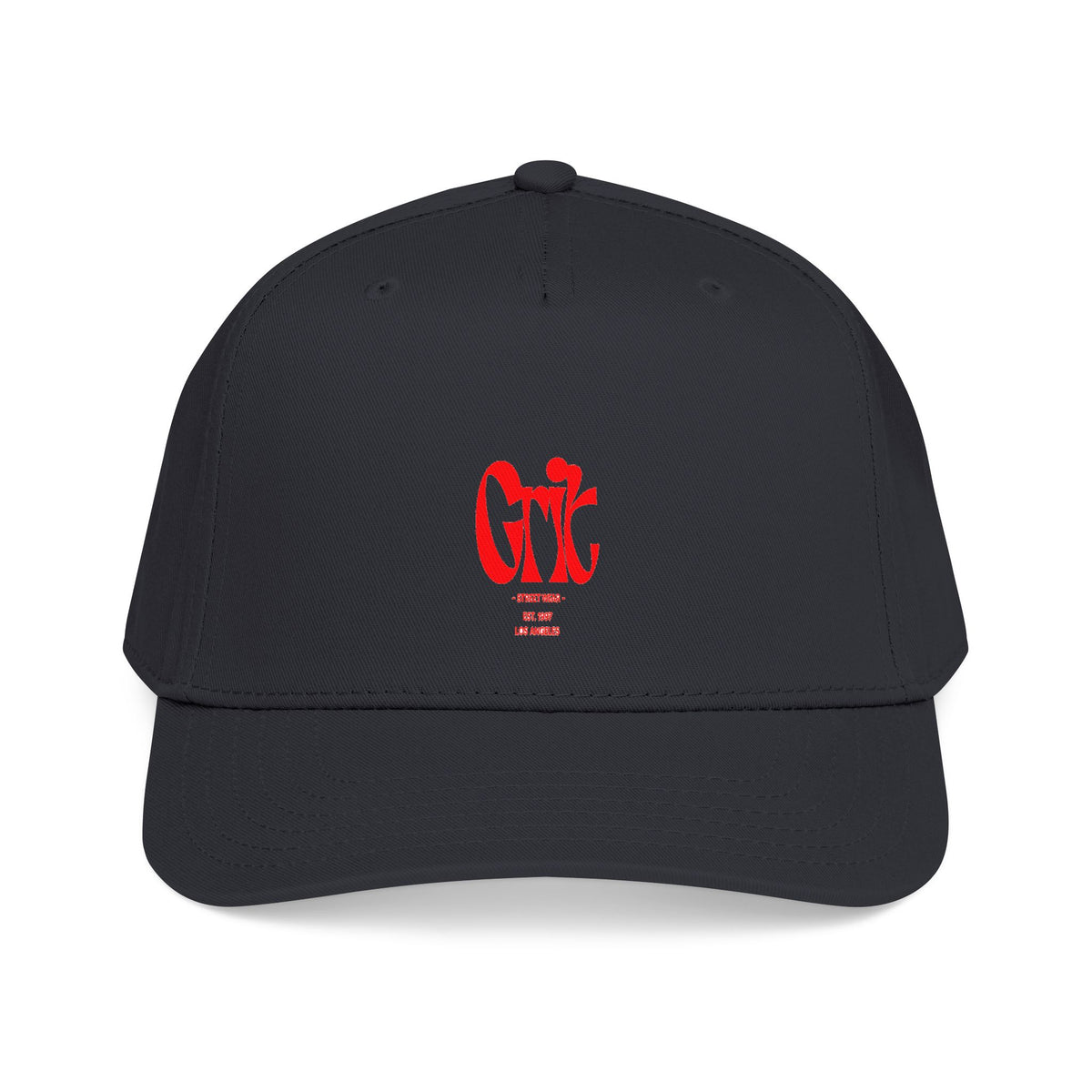 Grit - Mid Profile Baseball Cap — Red 'Crt' Script Embroidered Logo