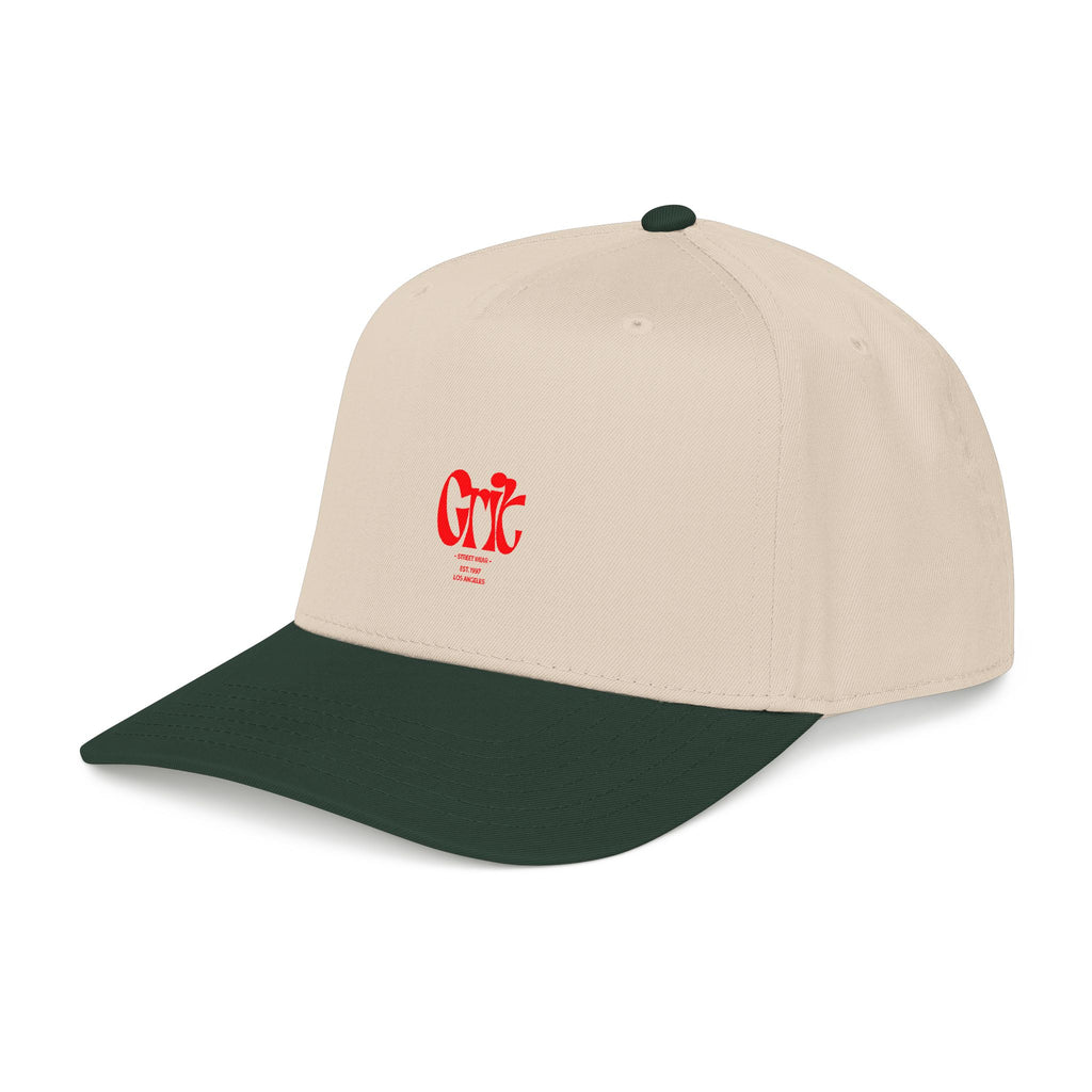 Grit - Mid Profile Baseball Cap — Red 'Crt' Script Embroidered Logo