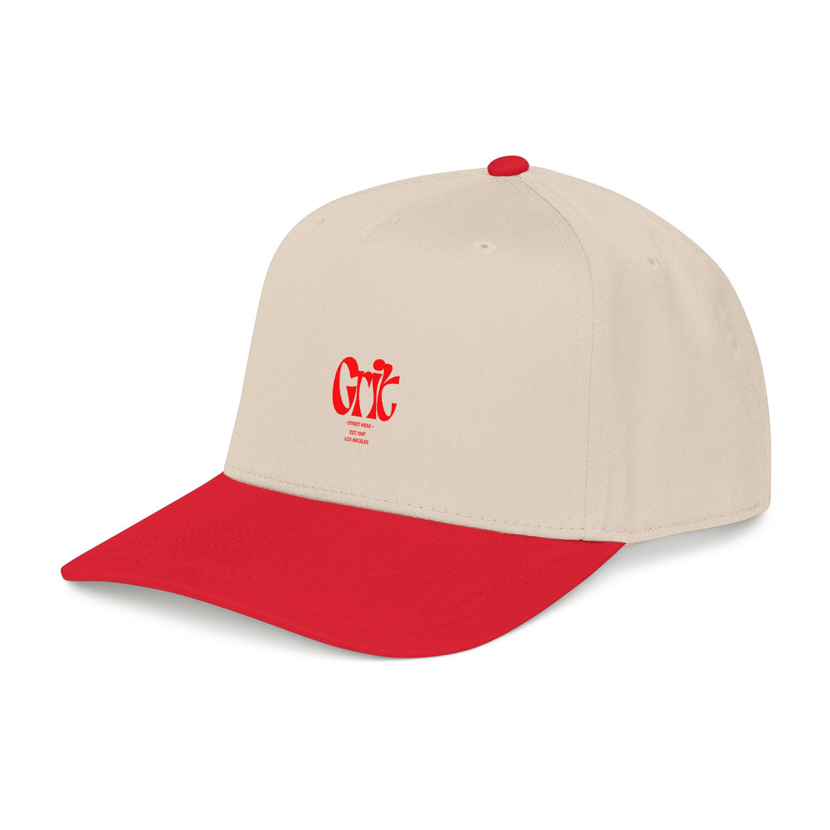 Grit - Mid Profile Baseball Cap — Red 'Crt' Script Embroidered Logo