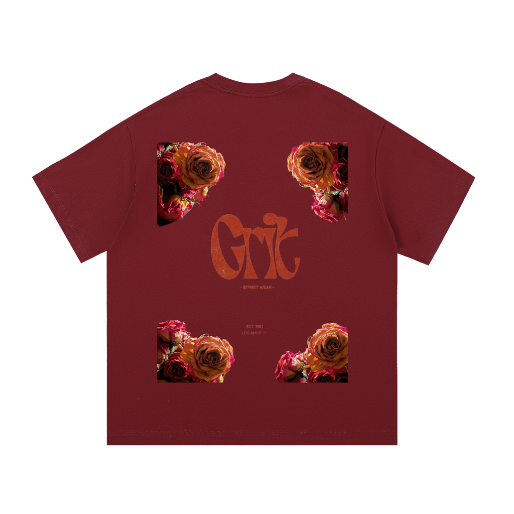 Grit oversized maroon cotton t-shirt with floral rose graphic print on the back