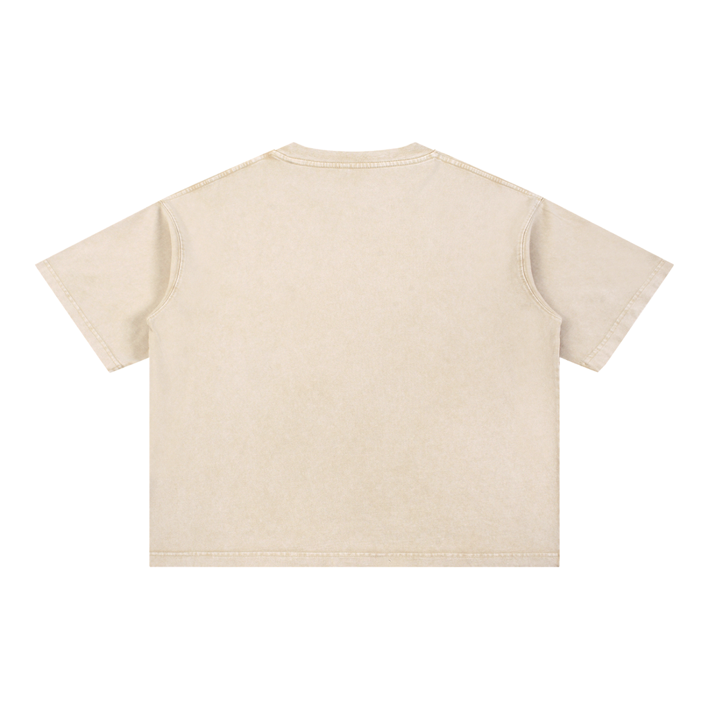Back view of a Grit mineral wash boxy cotton t-shirt in a neutral beige tone with drop-shoulder sleeves.
