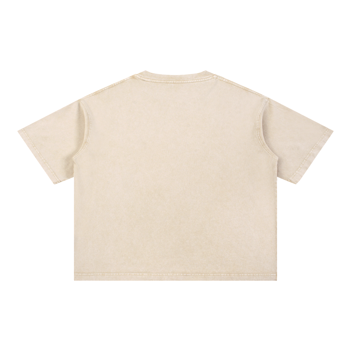 Back view of a Grit mineral wash boxy cotton t-shirt in a neutral beige tone with drop-shoulder sleeves.