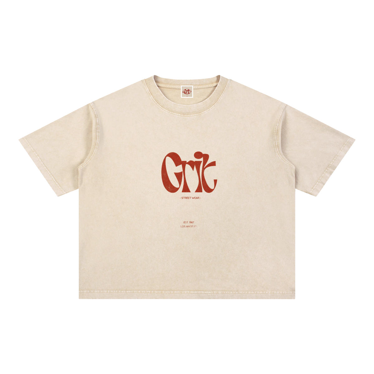 Grit mineral wash boxy cotton t-shirt in beige with a drop-shoulder silhouette and vintage-inspired graphic print.