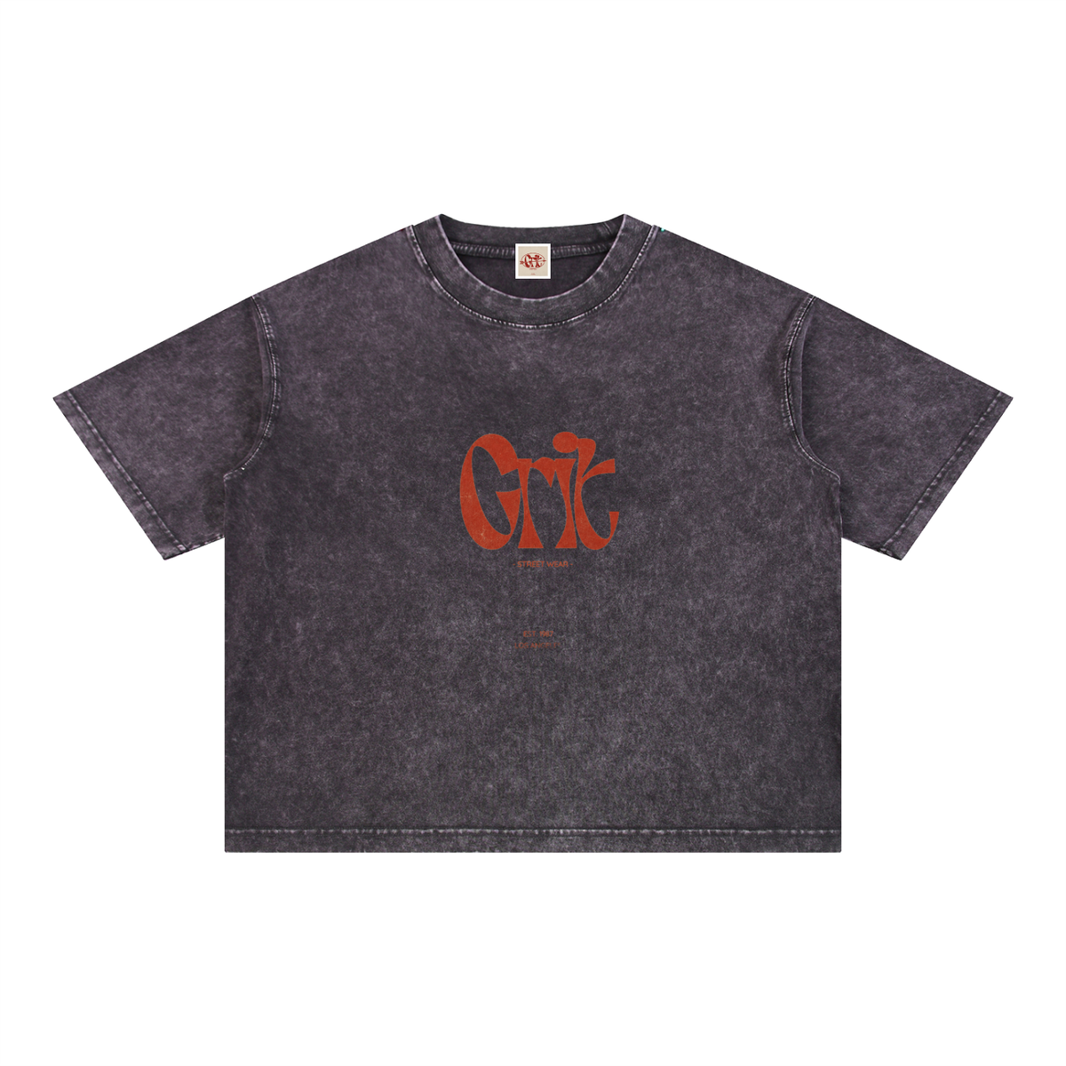 Grit mineral wash boxy cotton t-shirt with drop shoulders and red logo graphic in a relaxed streetwear style.