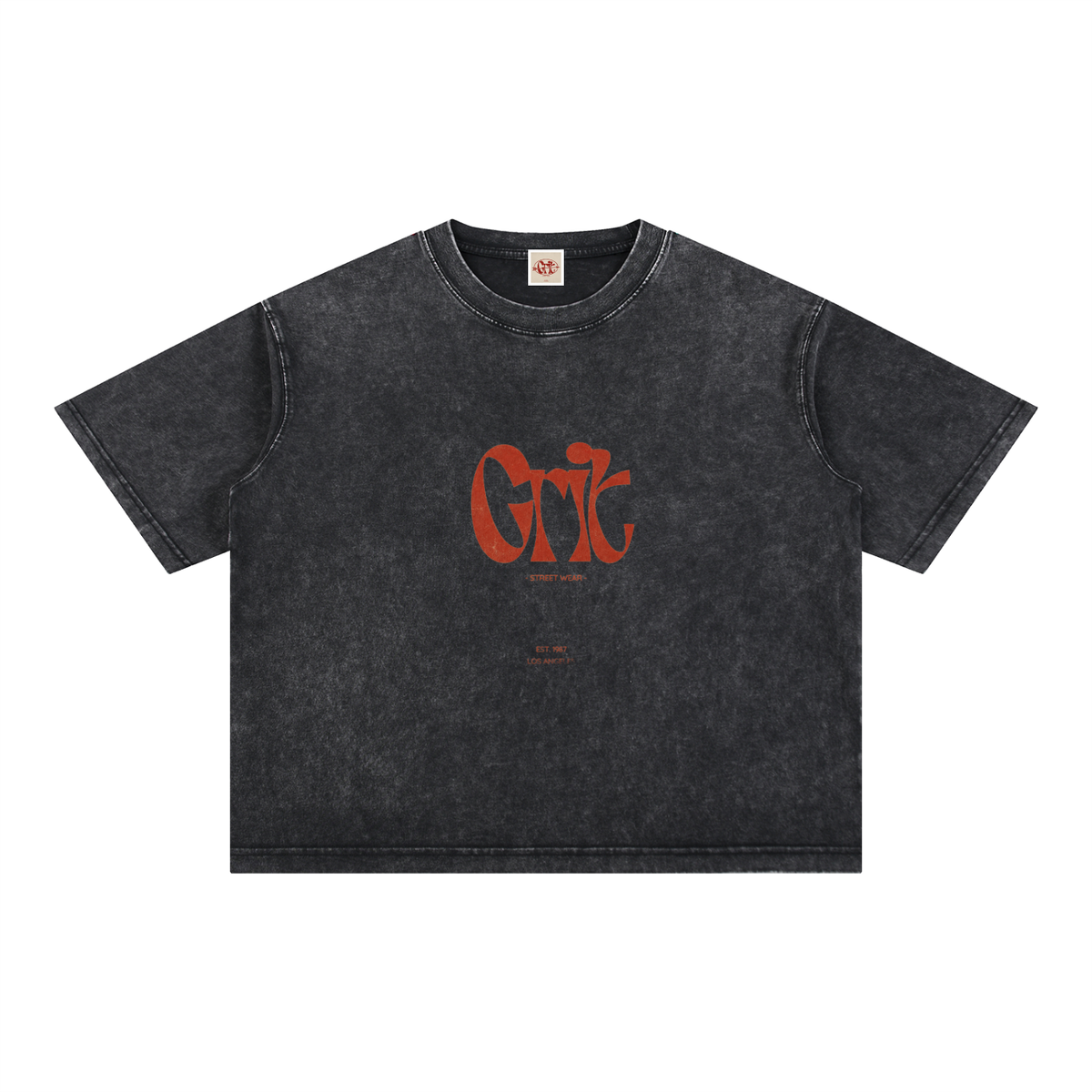 Grit mineral wash cotton t-shirt in black with a relaxed boxy fit, drop shoulders, and red graphic logo print.