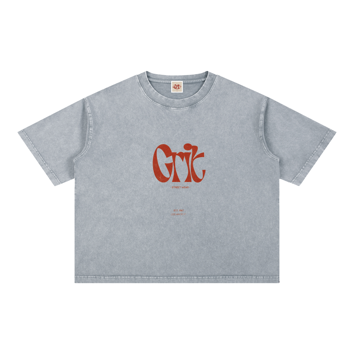 Grit mineral wash cotton t-shirt with a boxy drop-shoulder fit and red logo graphic on the front.