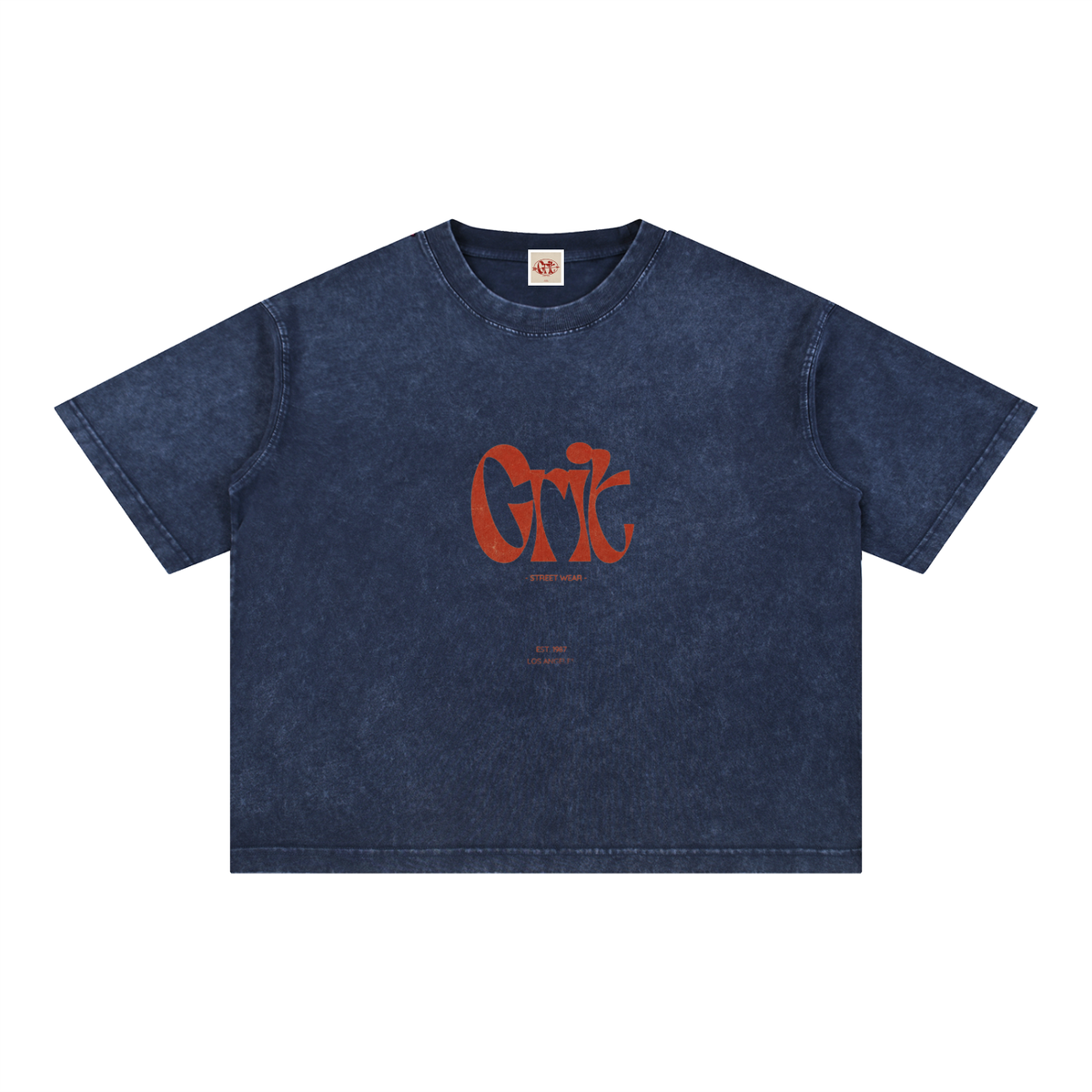 Grit mineral wash boxy cotton t-shirt in navy blue with a distressed red graphic logo and drop-shoulder fit.