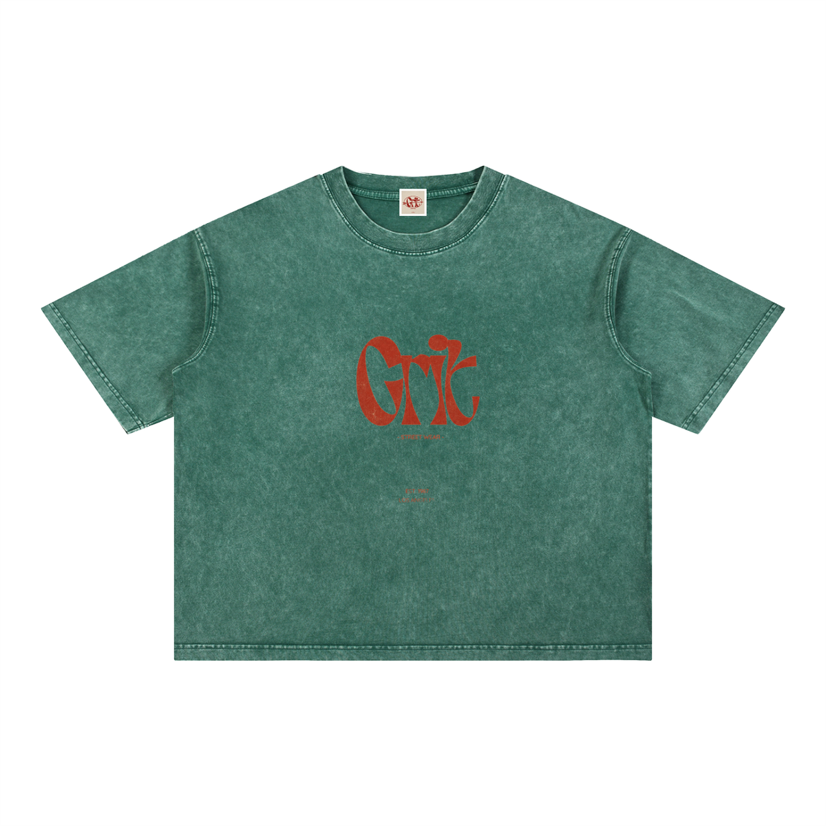 Grit mineral wash boxy cotton t-shirt in green with a distressed finish, drop shoulders, and red logo graphic.