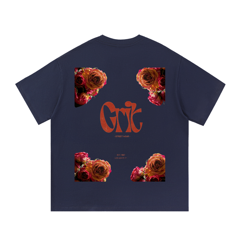 Grit oversized navy blue cotton t-shirt with a round neck and a floral rose graphic print on the back
