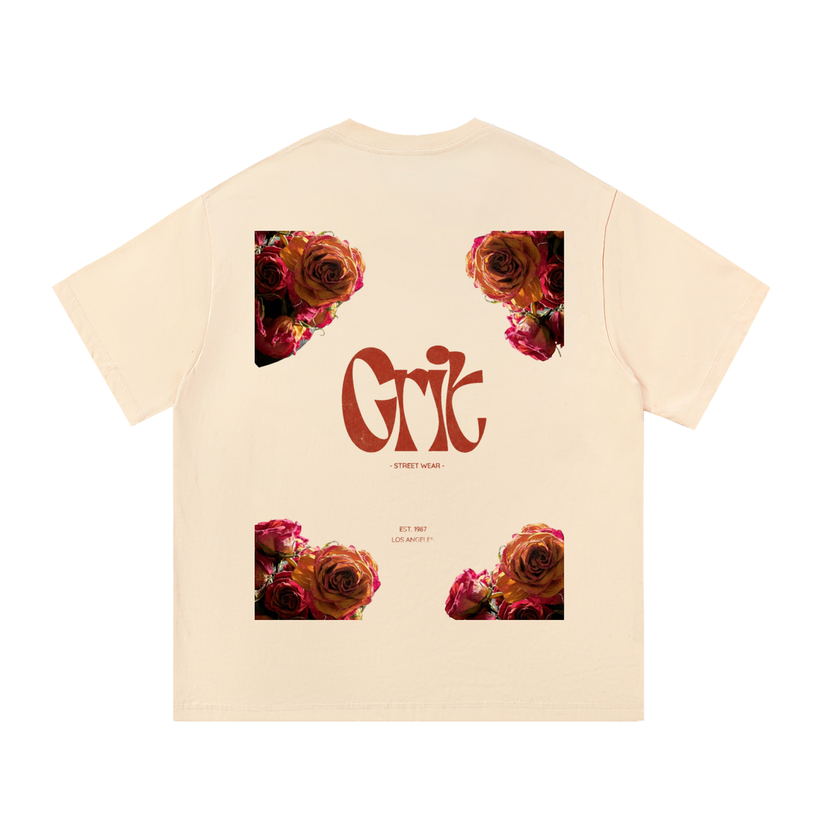 Grit oversized beige cotton t-shirt with floral rose graphic print and logo on the back