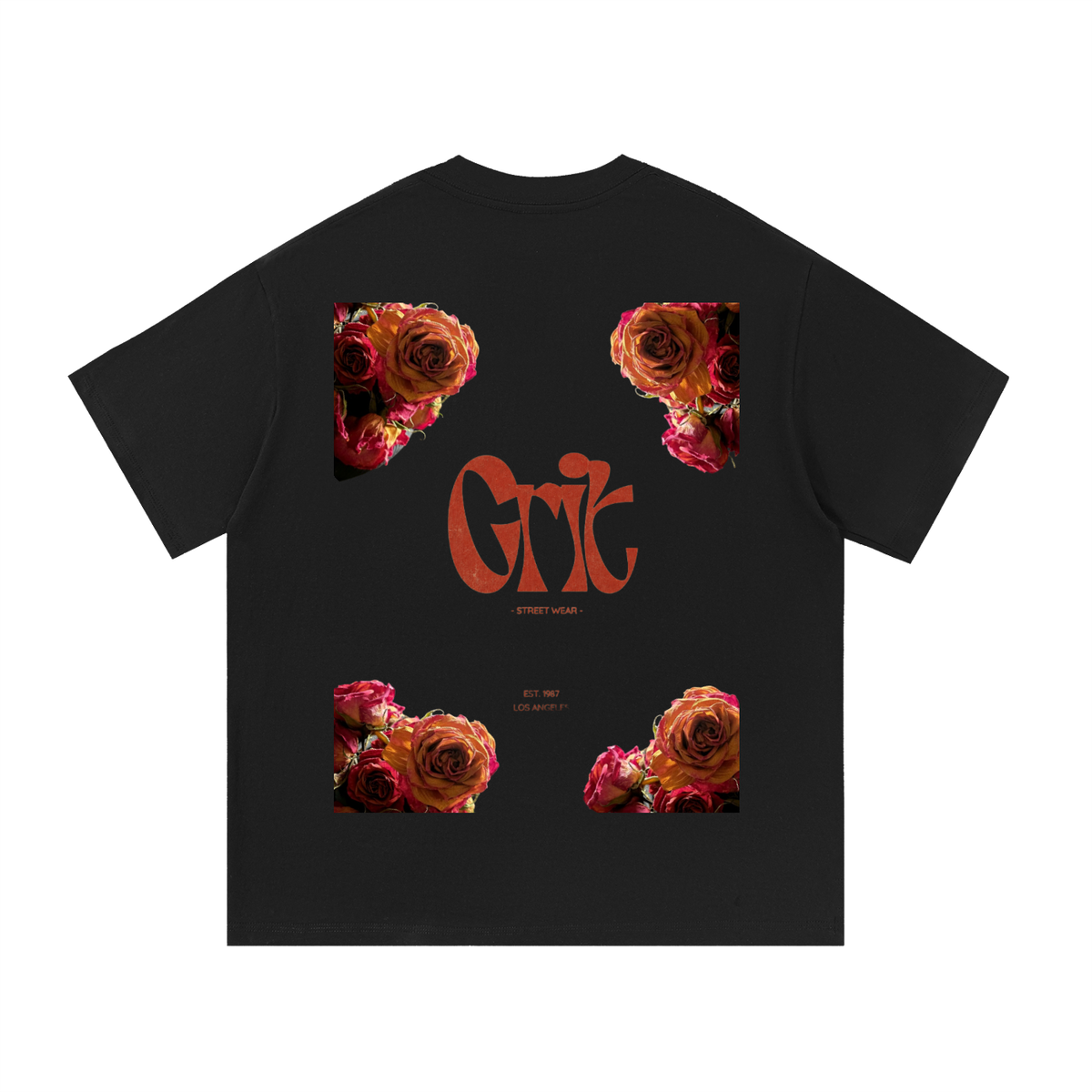 Grit oversized black cotton t-shirt with red rose floral graphics and logo print on the back