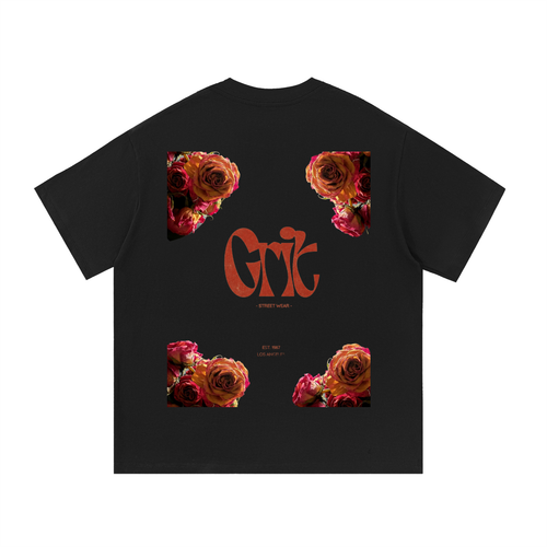 Grit oversized black cotton t-shirt with red rose floral graphics and logo print on the back