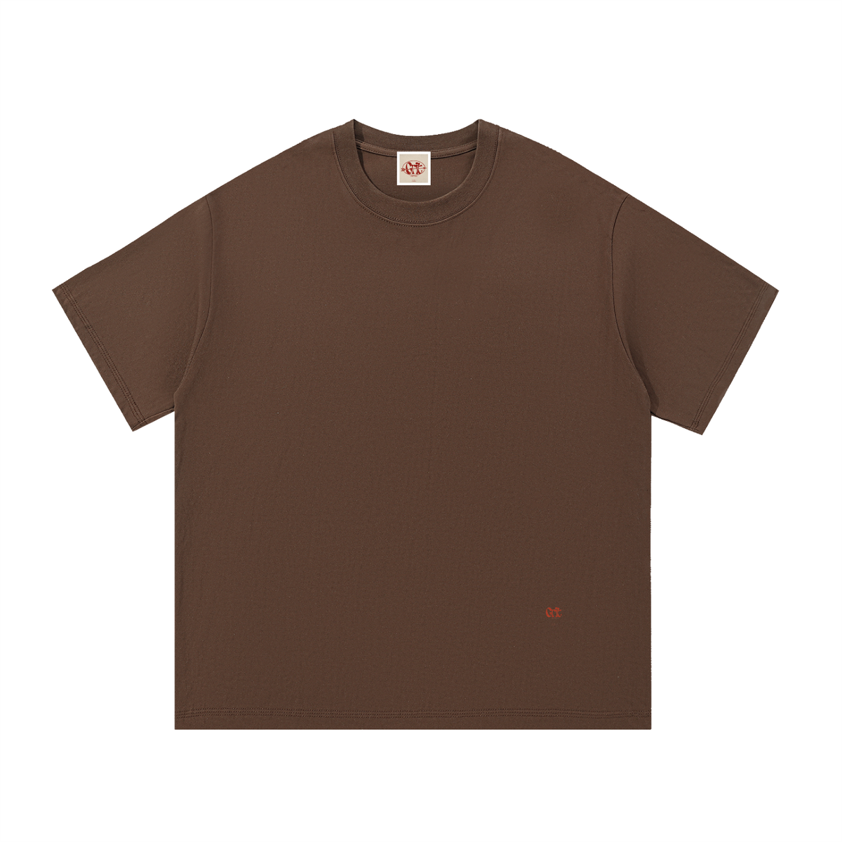 Grit oversized brown cotton t-shirt with a round neck and subtle red logo embroidery on the lower front