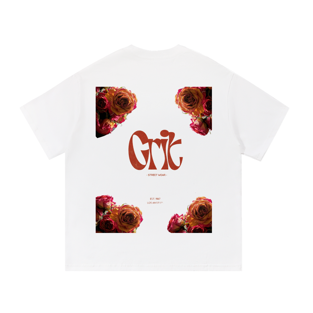 Grit white oversized cotton t-shirt featuring a red floral rose graphic print and logo on the back