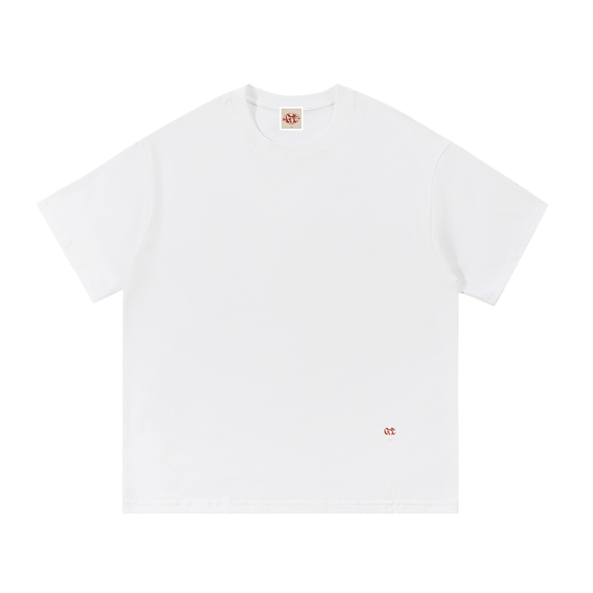 Grit white oversized cotton t-shirt with a round neck and small red logo embroidery on the lower front.